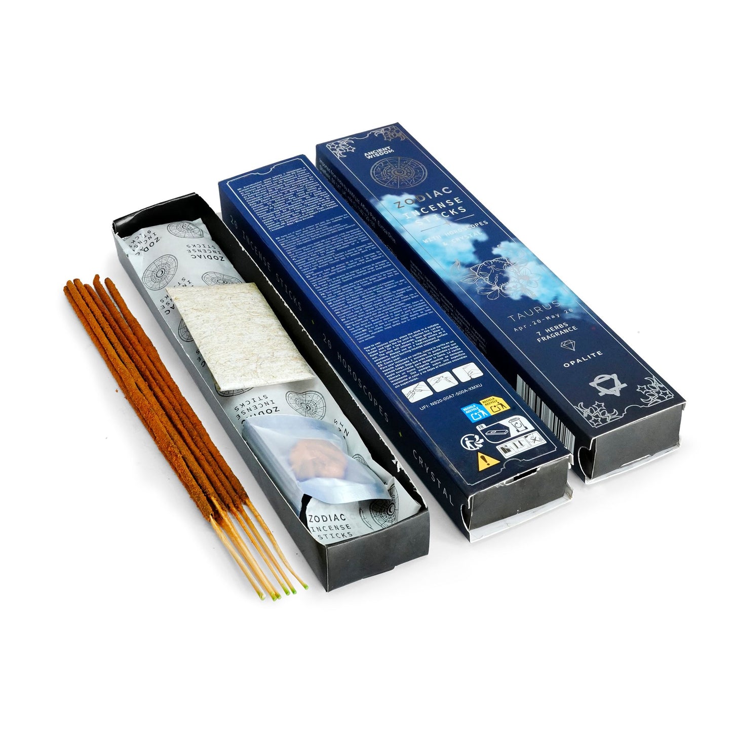 Incense sticks with their packaging on a white background