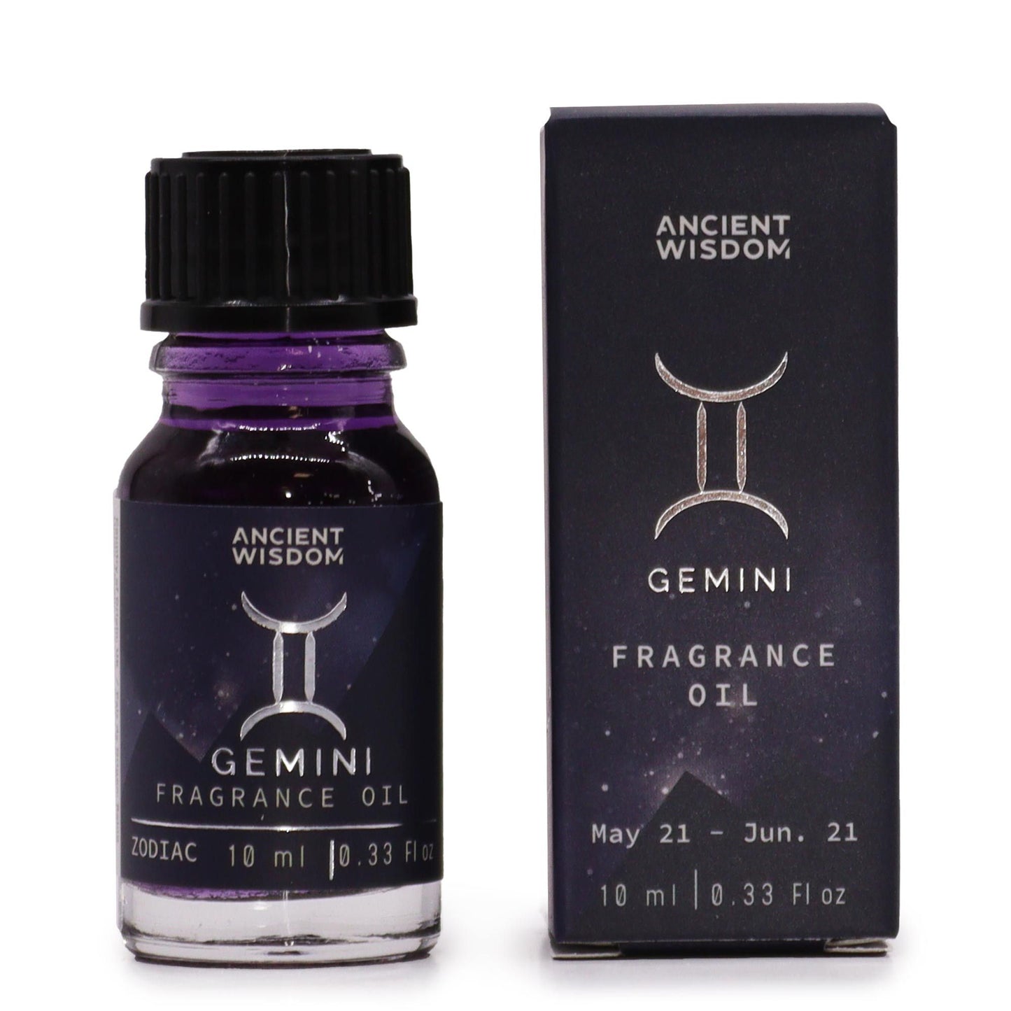 Gemini fragrance oil bottle and packaging on a white background