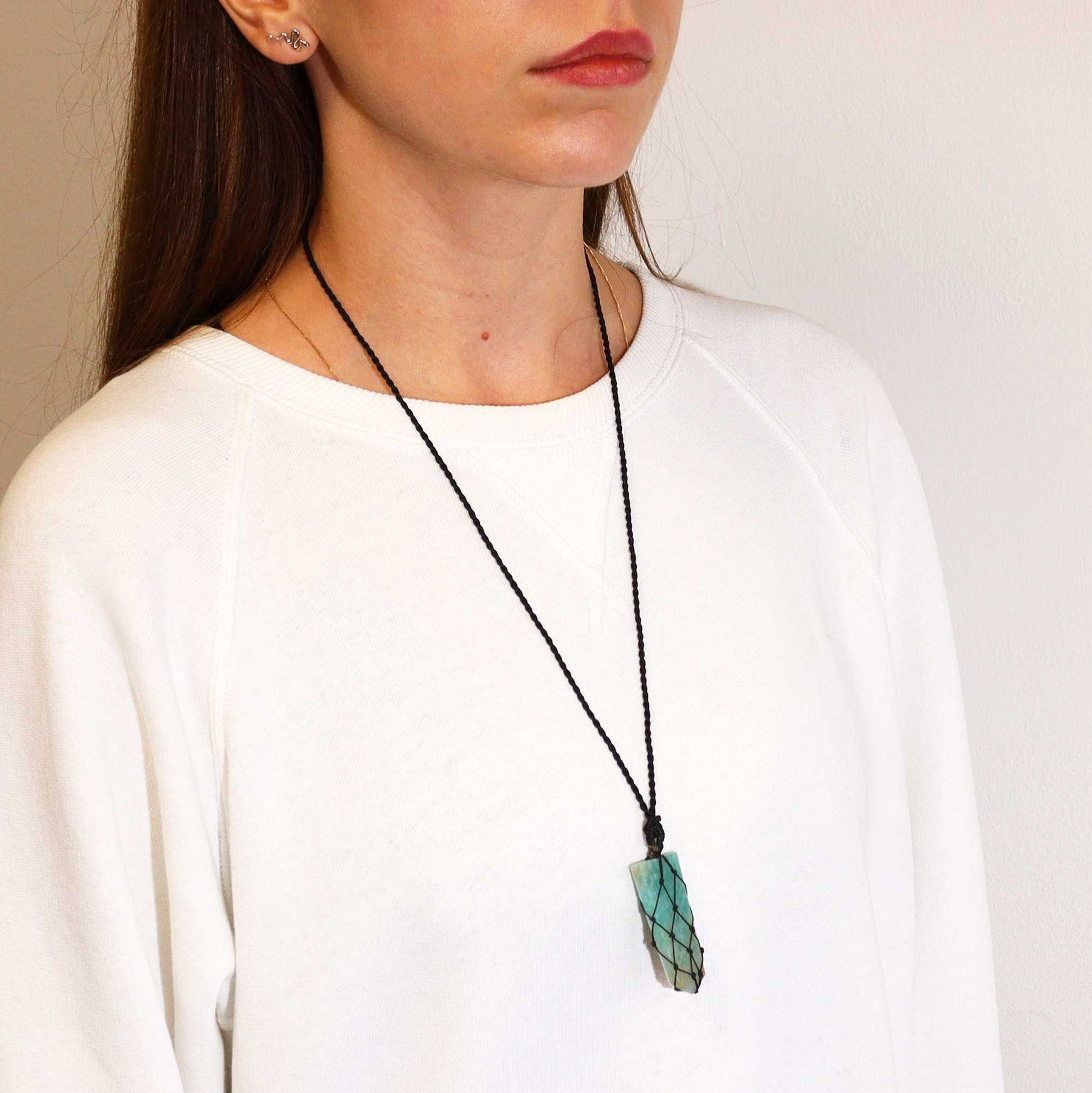 Laced Gemstone Flat Point Pendant - Amazonite – lifestyle shot