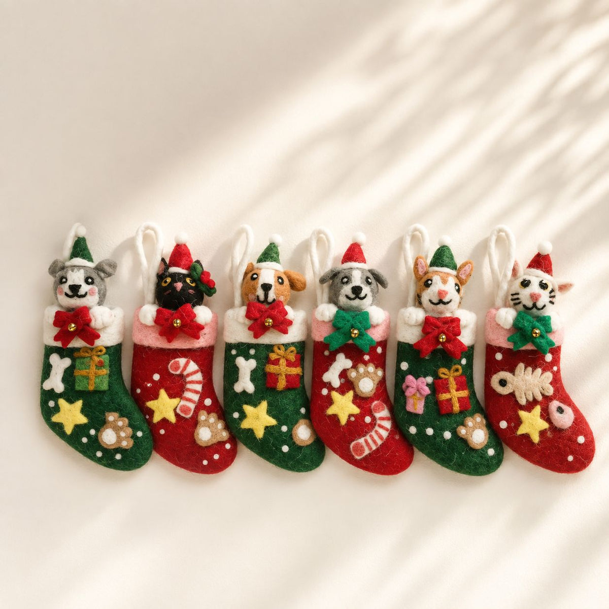 Felt Christmas Pet Stockings, Set of 6, Cat & Dog Designs