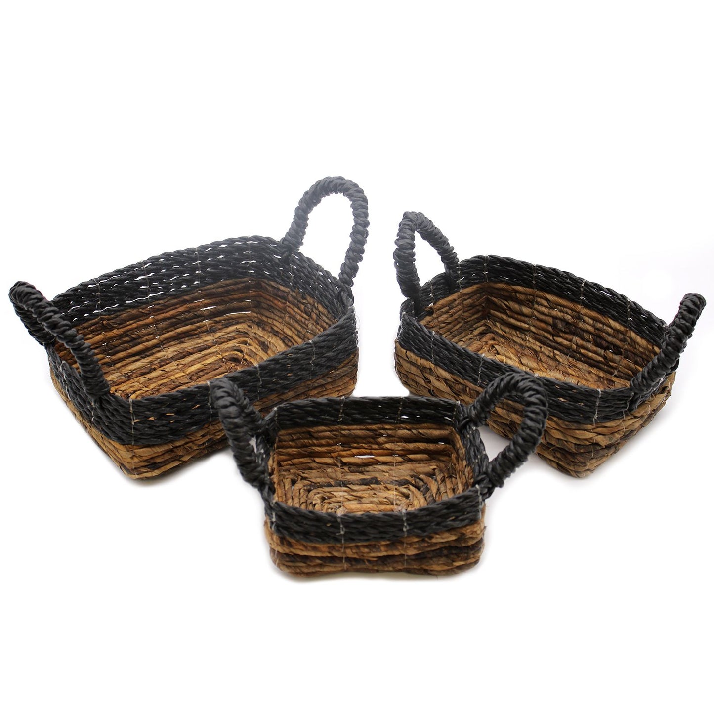 Banana Leaf & Black Raffia Square Basket – Set of 3