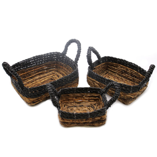 Banana Leaf & Black Raffia Square Basket – Set of 3