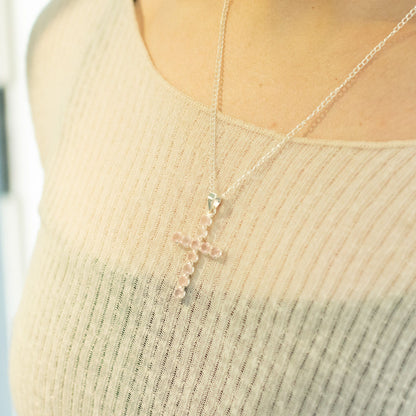 Indian Devotional Pendant - Silver Plated (45cm Chain)- Rose Quartz Crucifix – detail view