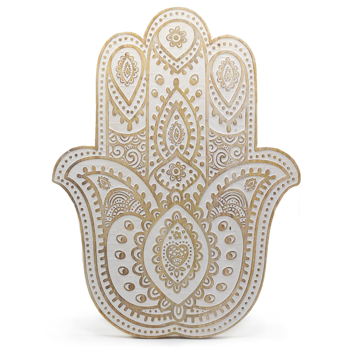 Hamsa Wall Plaque, Whitewashed Mango Wood, 52 x 39cm