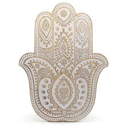Hamsa Wall Plaque, Whitewashed Mango Wood, 52 x 39cm