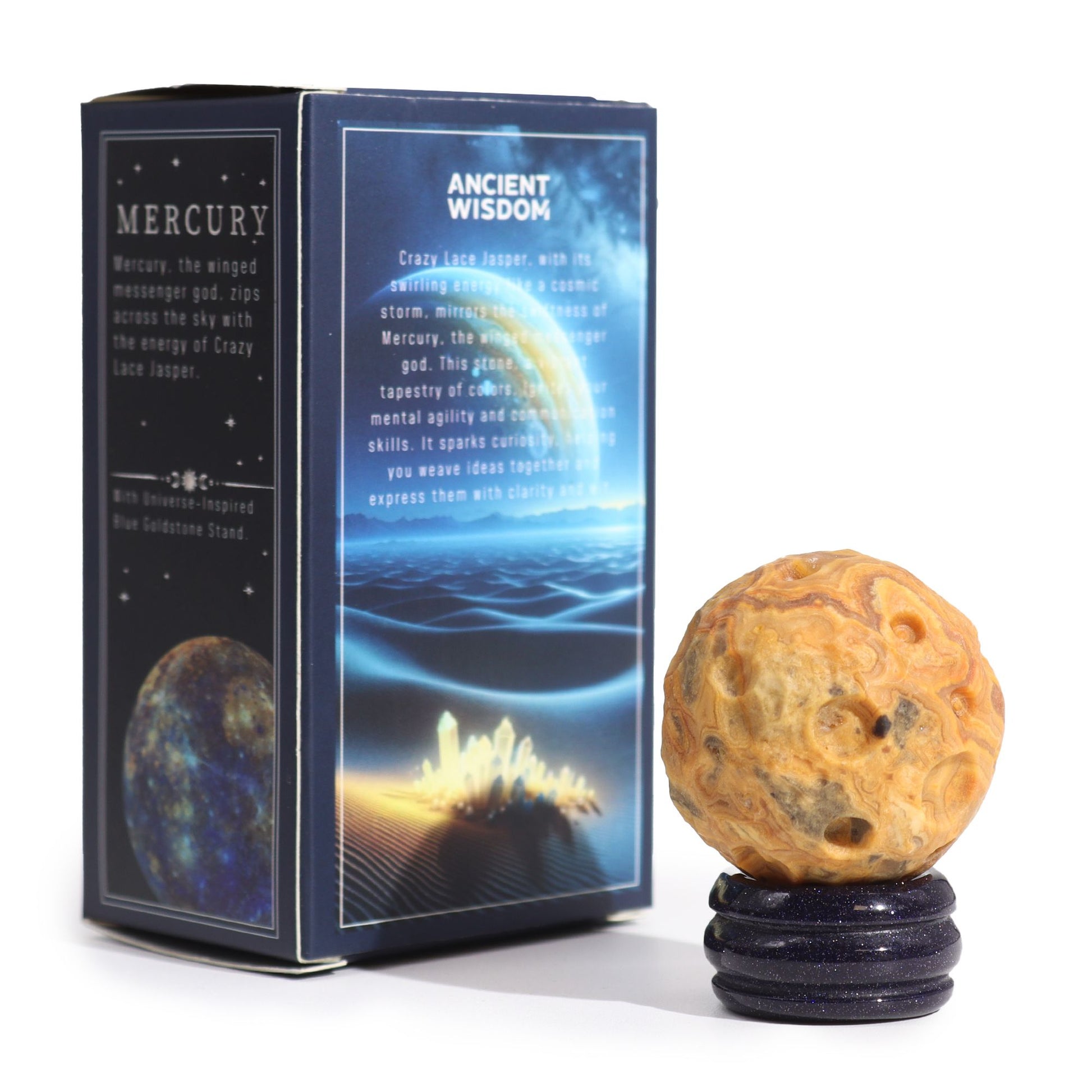Crazy Lace Jasper Planet on a Sola Goldstone Stand (MERCURY) | Auro & Co