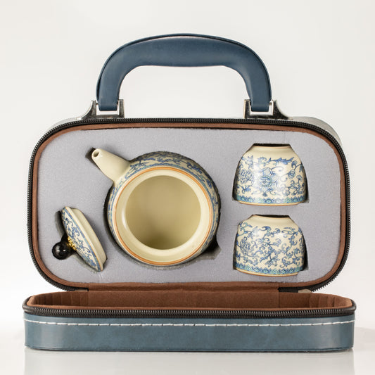 China Ru Blue Travel Teapot Set, Two Cups