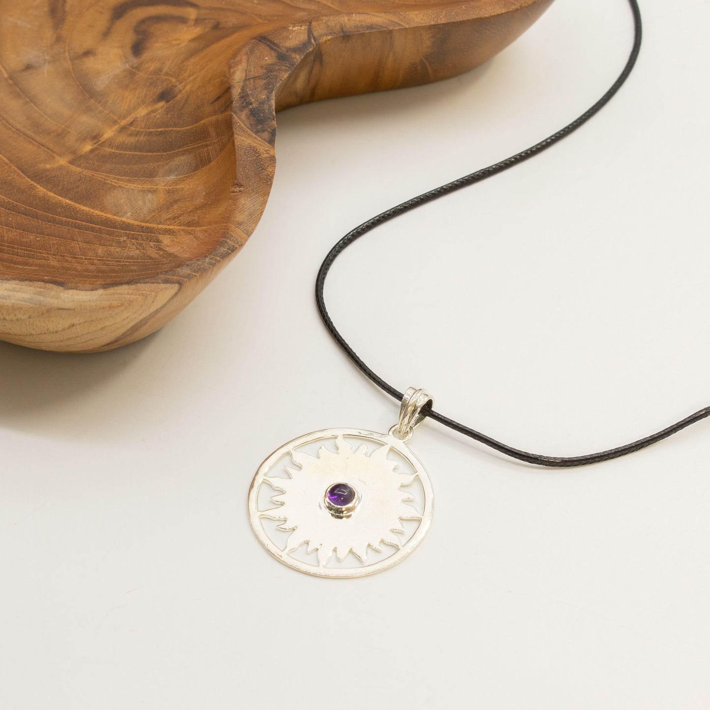 Indian Devotional Pendant - Silver Plated (45cm Cord)- Sun Worship Amethyst – product image 6