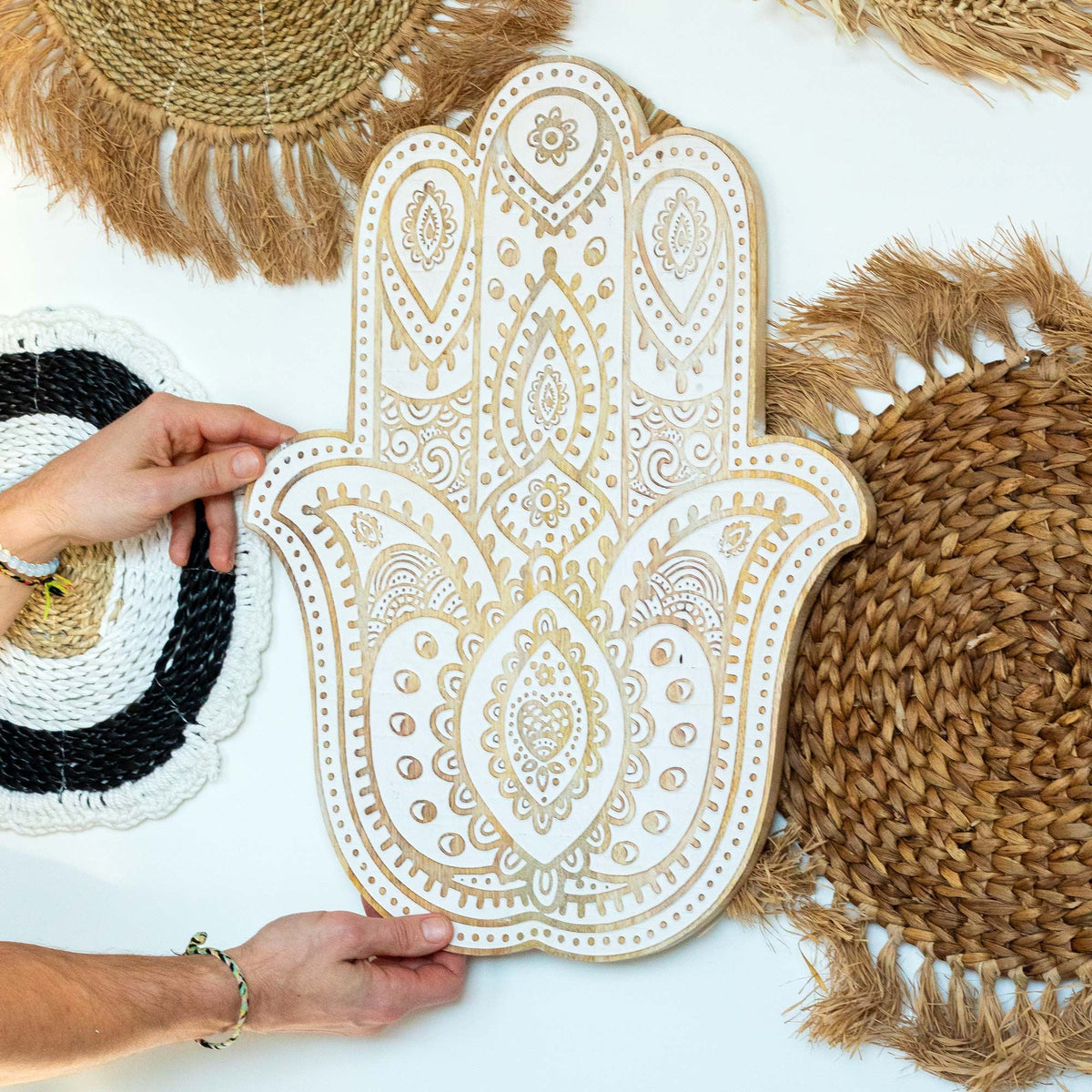 Hamsa Wall Plaque, Whitewashed Mango Wood, 52 x 39cm