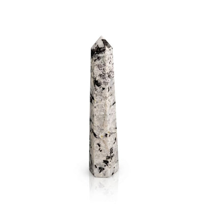 Gemstone Six Face Obelisk Point approx 17cm - Rainbow Moonstone – lifestyle shot