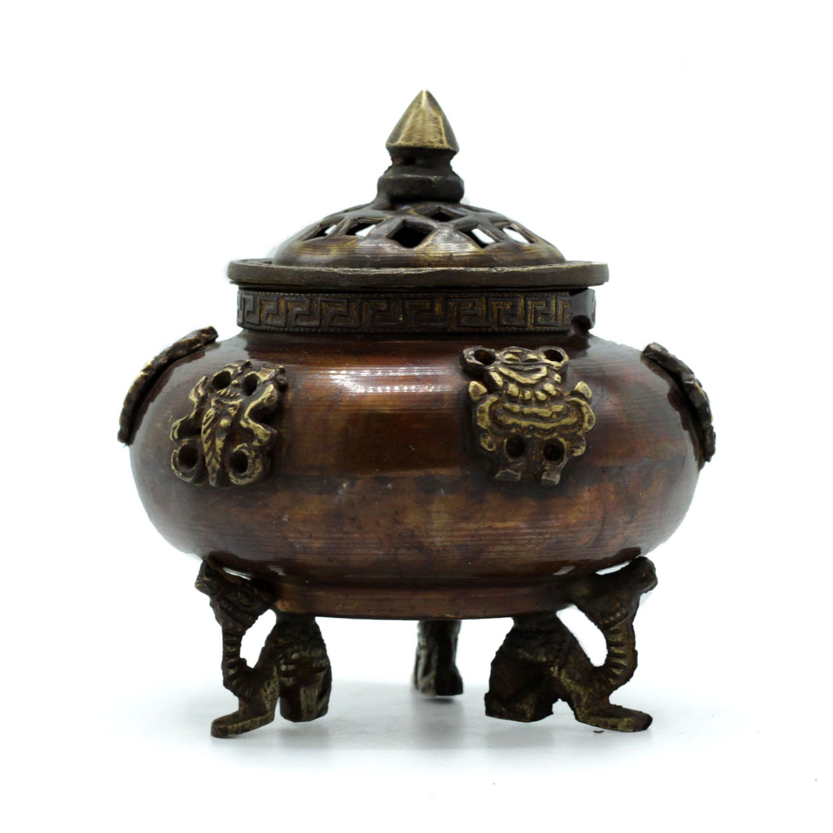 Six Symbols Brass Tibetan Burner - Standing Pot, Dragon Feet