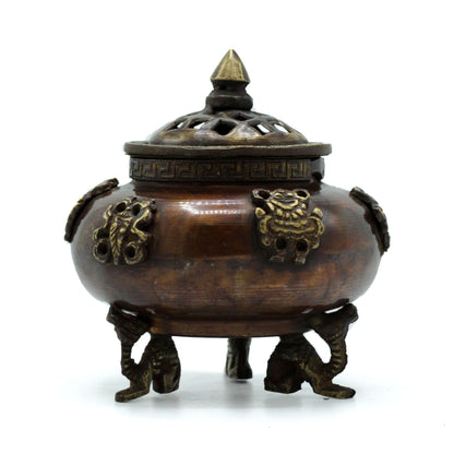 Six Symbols Brass Tibetan Burner - Standing Pot, Dragon Feet