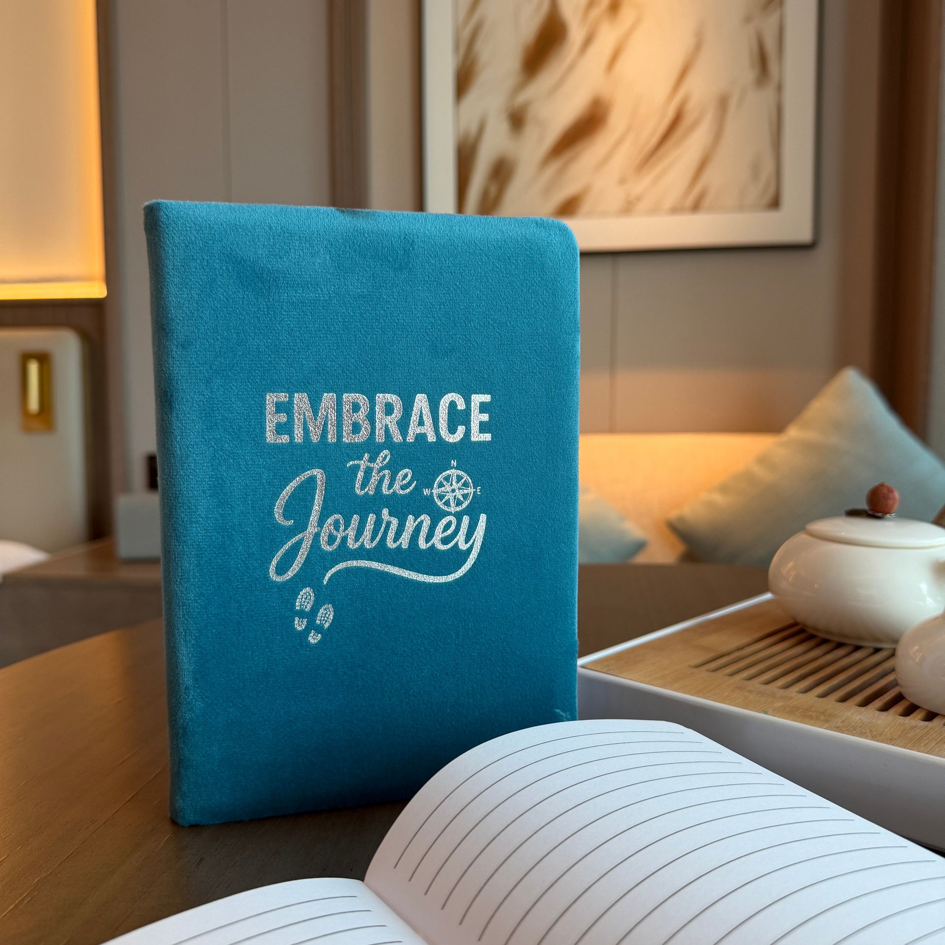 Light Blue Velvet Notebook - 80 pages - Embrace The Journey – detail view