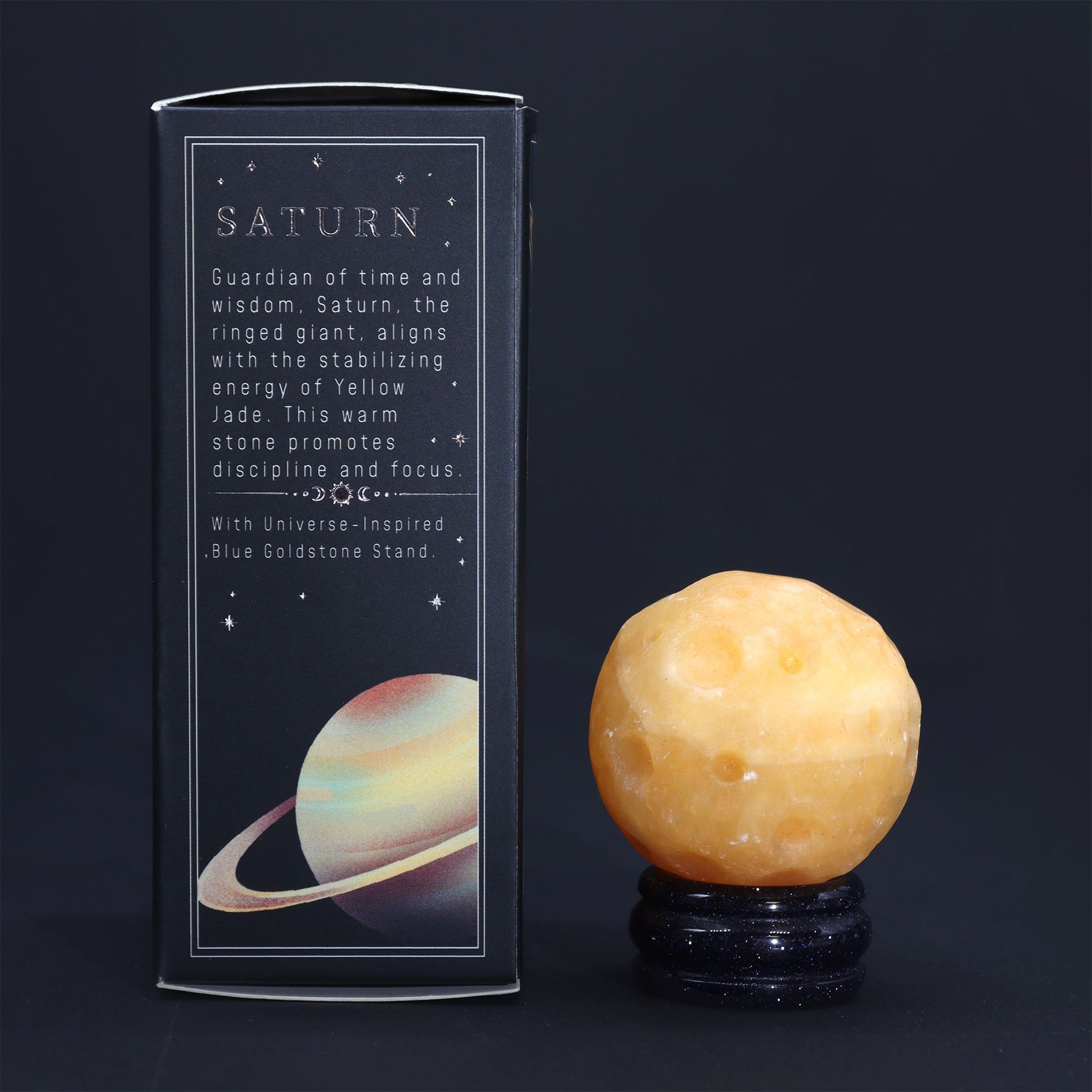 Yellow Jade Planet on a Sola Goldstone Stand (SATURN) – lifestyle shot