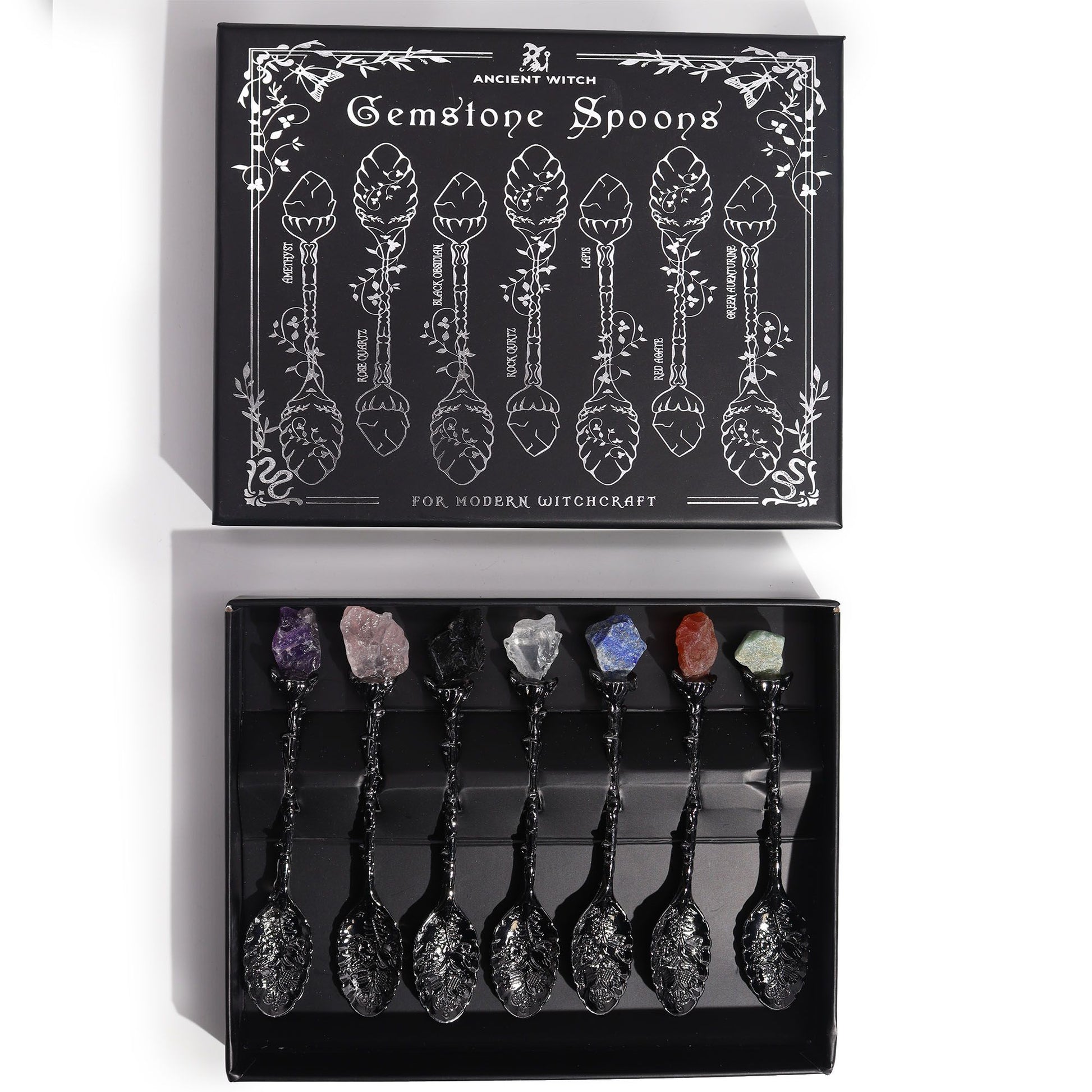Set of 7 Dark Silver Gemstone Crystal Witch Spoons – lifestyle shot