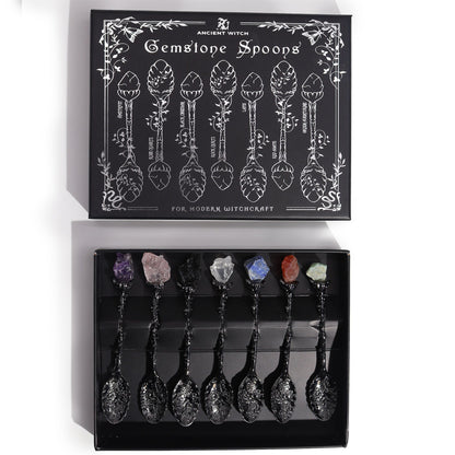 Set of 7 Dark Silver Gemstone Crystal Witch Spoons – lifestyle shot