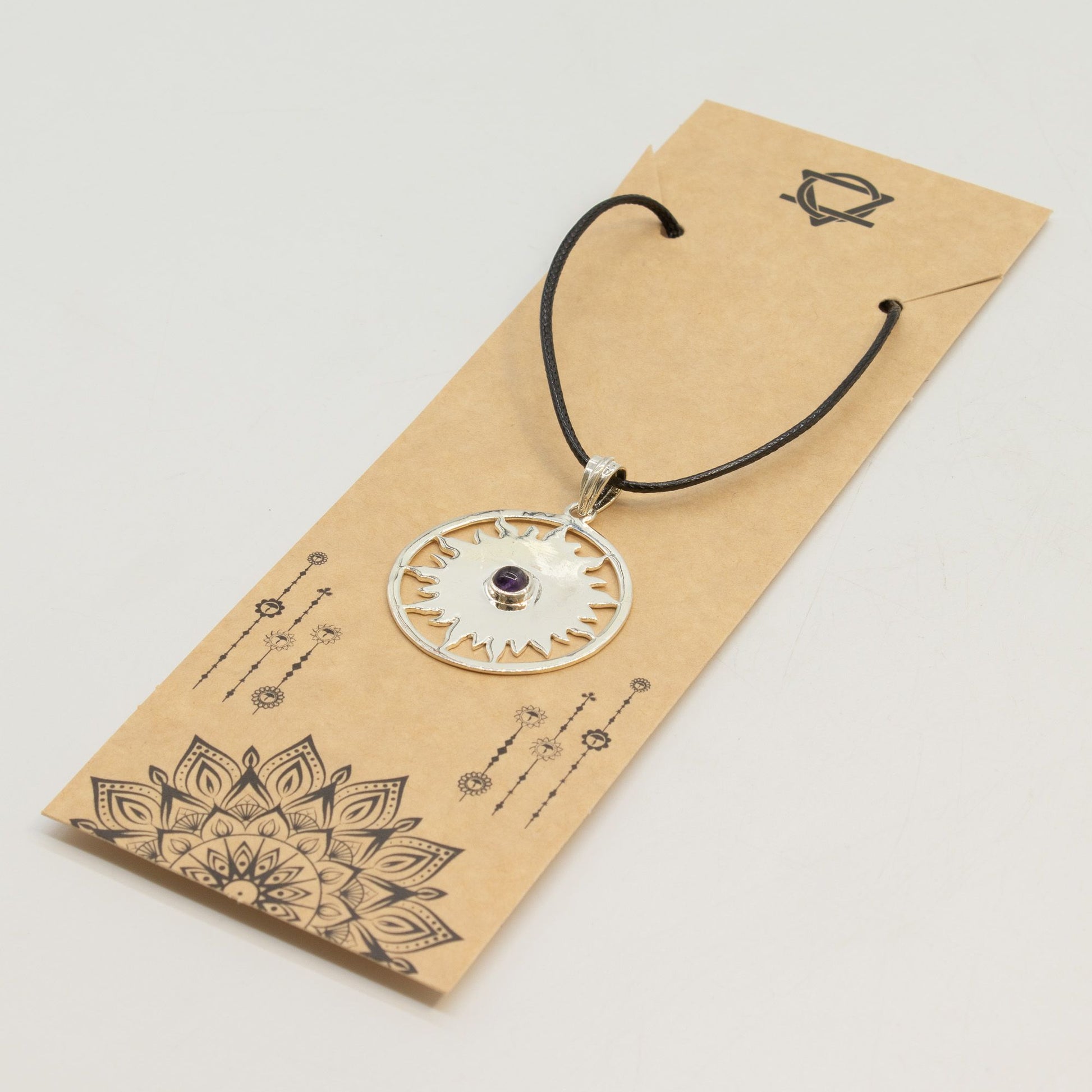 Indian Devotional Pendant - Silver Plated (45cm Cord)- Sun Worship Amethyst – lifestyle shot