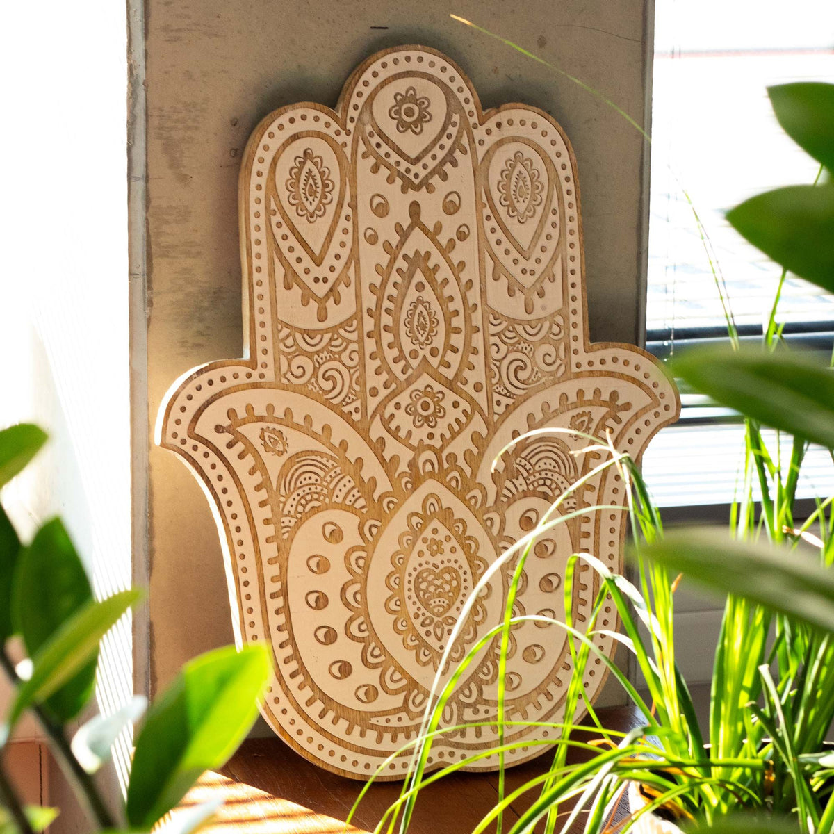 Hamsa Wall Plaque, Whitewashed Mango Wood, 52 x 39cm