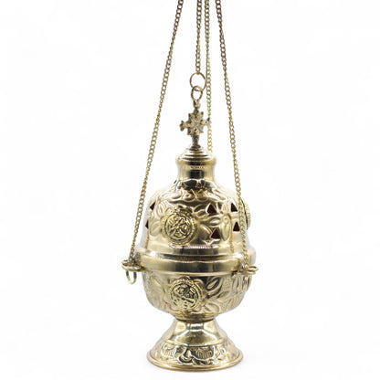 Cross Finial Hanging Brass Incense Burner, Threaded Chain, 16.5cm
