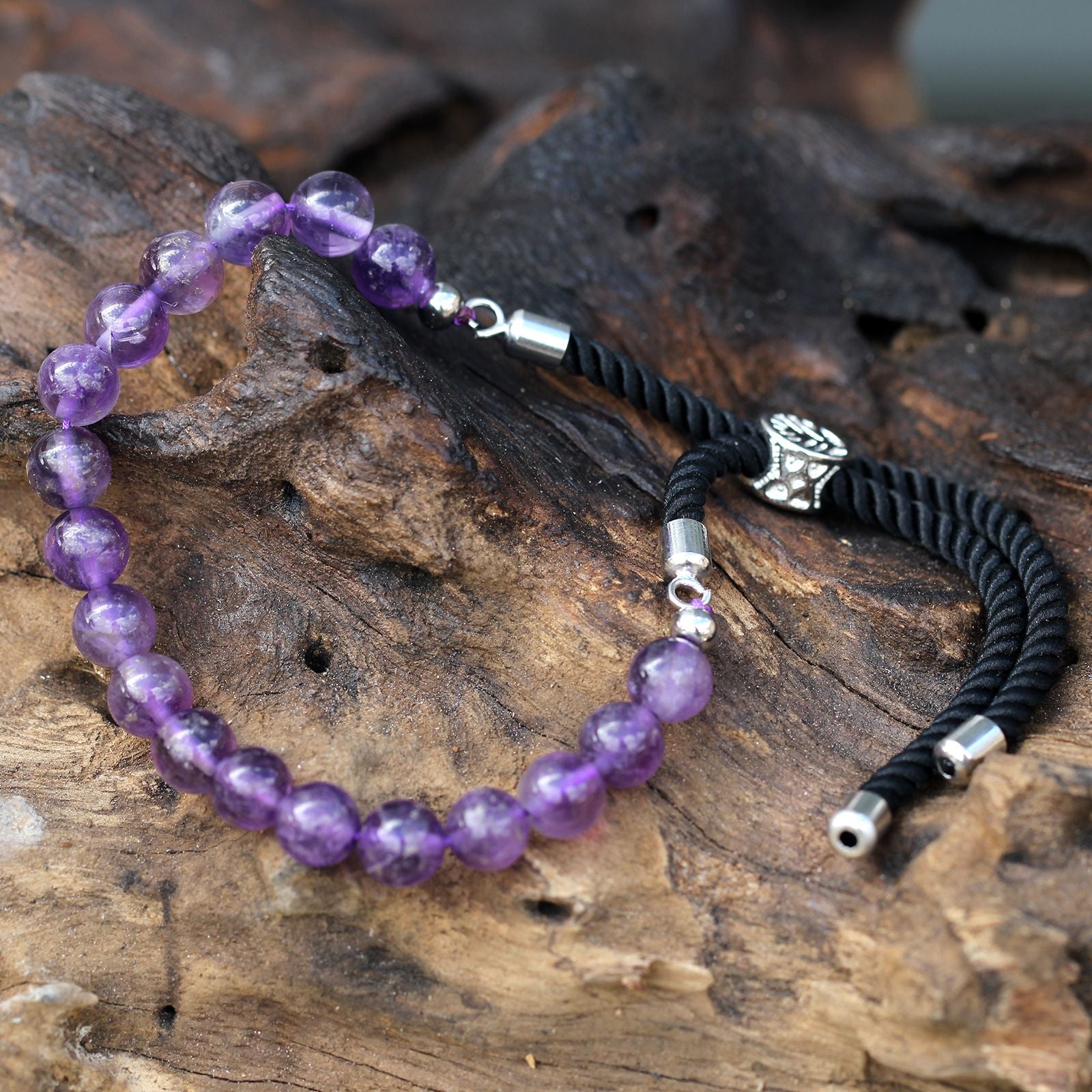 925 Silver Plated Gemstone Black String Bracelet - Amethyst – detail view