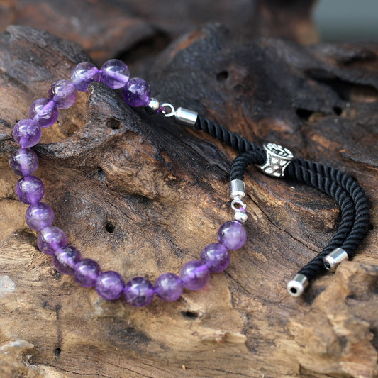 925 Silver Plated Gemstone Black String Bracelet - Amethyst – detail view