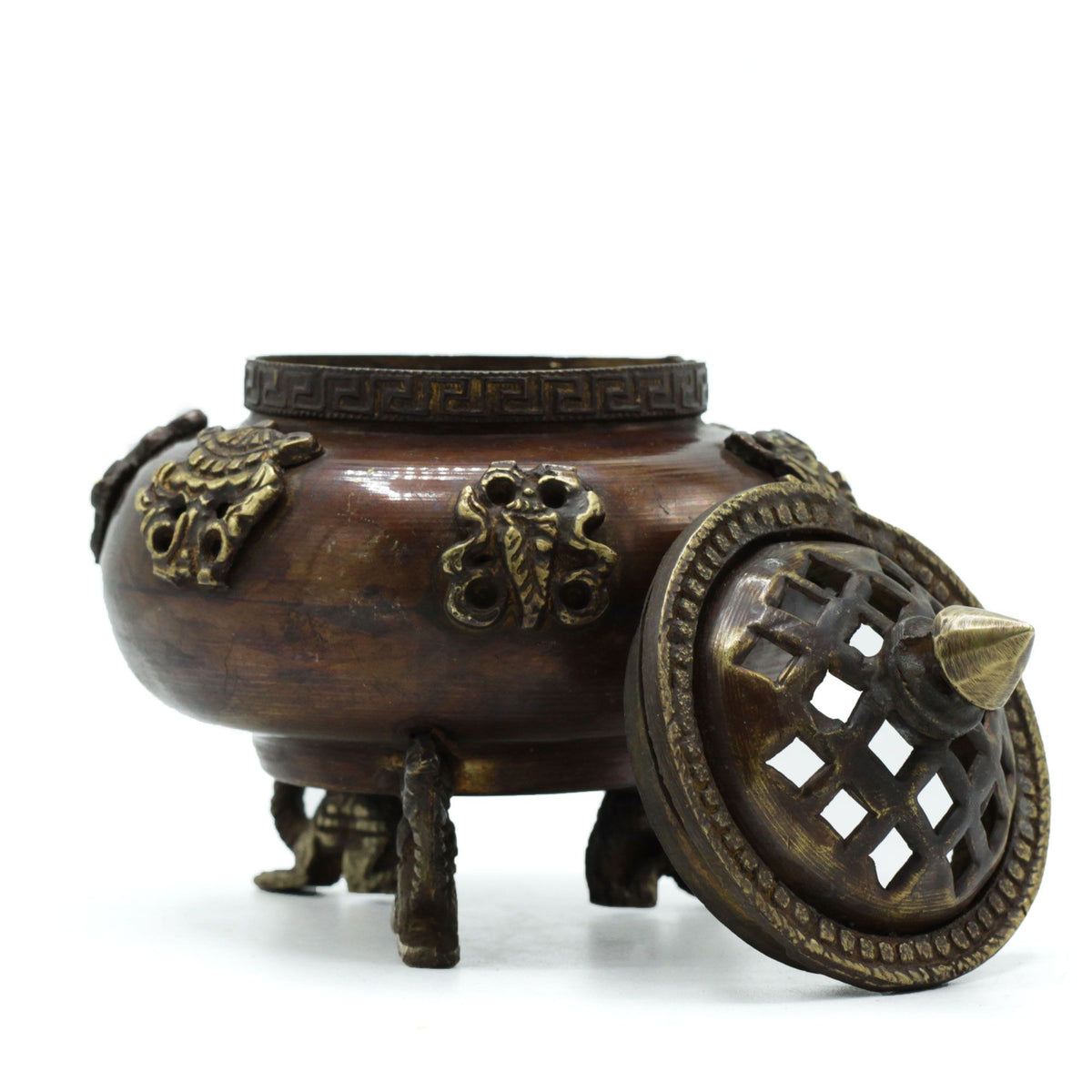 Six Symbols Brass Tibetan Burner - Standing Pot, Dragon Feet