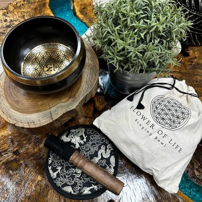 Hand Beaten & Engraved Singing Bowl Gift Set - 14cm - Flower of Life – lifestyle shot