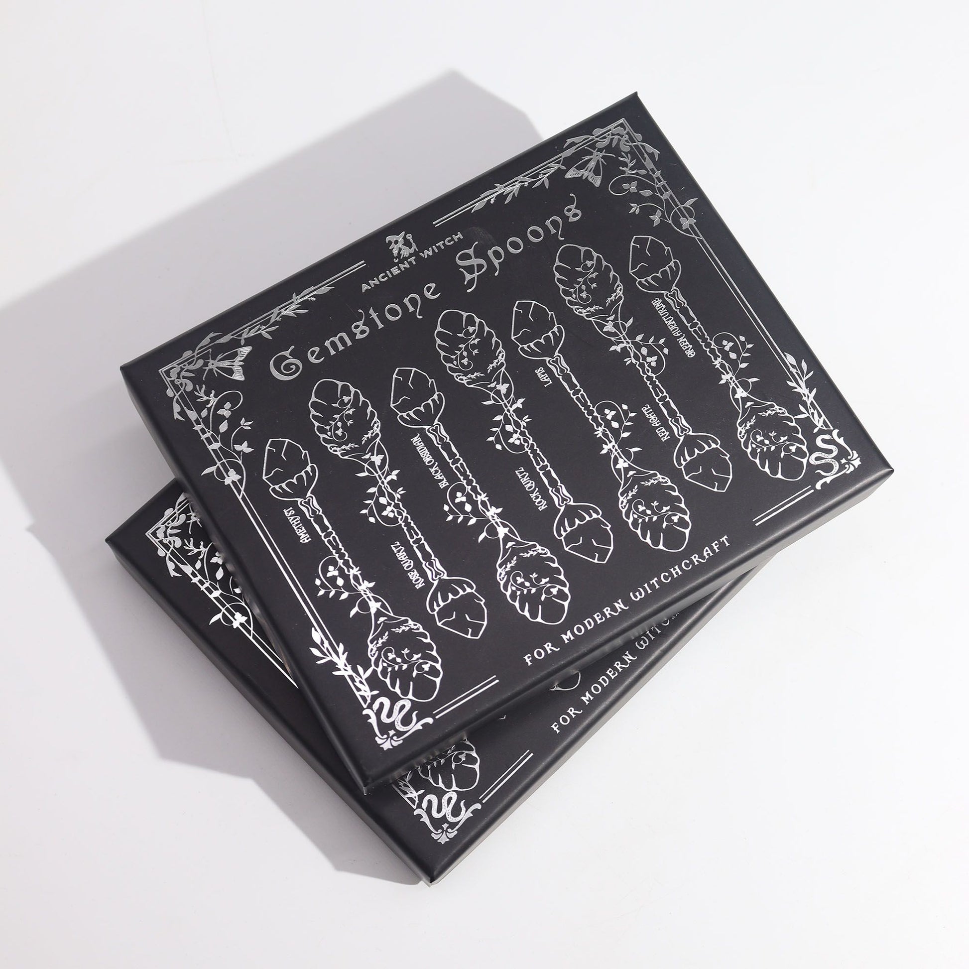Set of 7 Dark Silver Gemstone Crystal Witch Spoons – packaging