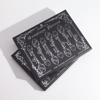 Set of 7 Bronze Gemstone Crystal Witch Spoons – packaging