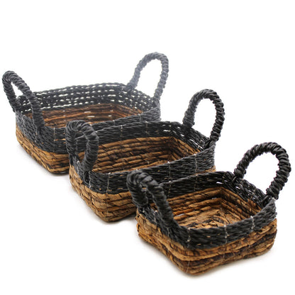 Banana Leaf & Black Raffia Square Basket – Set of 3