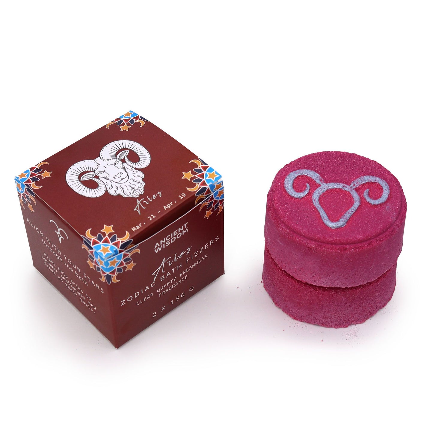 Pink bath fizzer with zodiac symbol on top of a decorative box