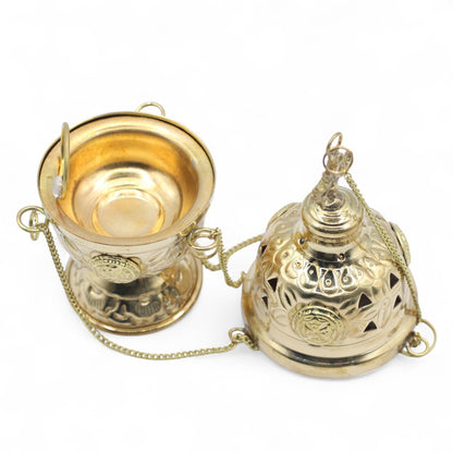 Cross Finial Hanging Brass Incense Burner, Threaded Chain, 16.5cm