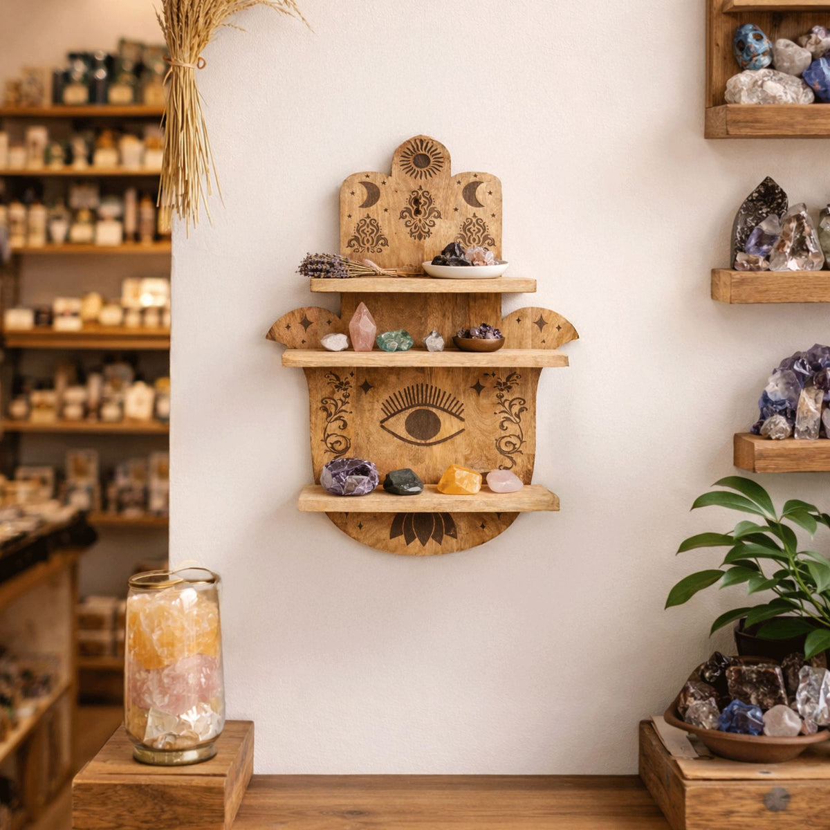 Hamsa Shaped Wall Shelf, Carved Mango Wood, 60cm