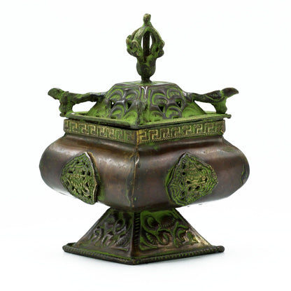 Four Symbols Verdigris Brass Tibetan Burner - Standing Pot