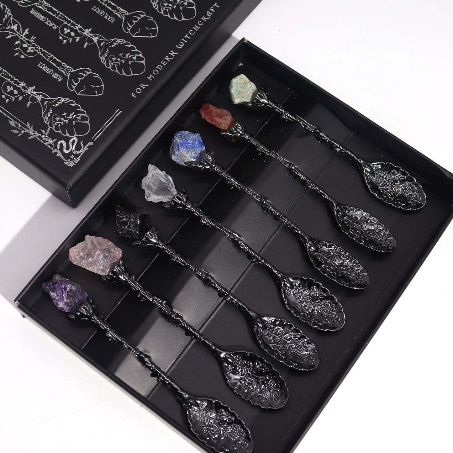 Set of 7 Dark Silver Gemstone Crystal Witch Spoons | Auro & Co