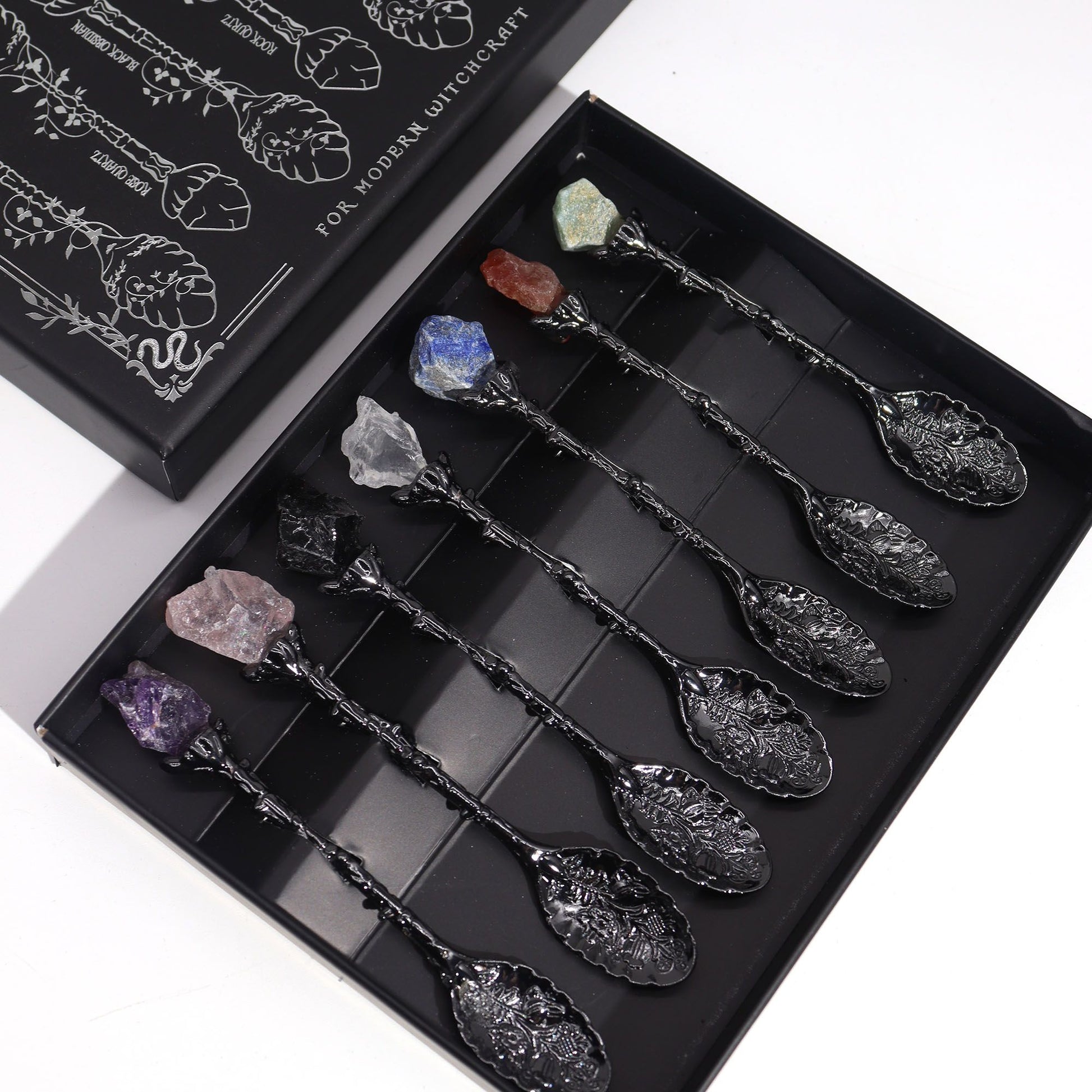 Set of 7 Dark Silver Gemstone Crystal Witch Spoons | Auro & Co