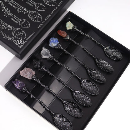 Set of 7 Dark Silver Gemstone Crystal Witch Spoons | Auro & Co