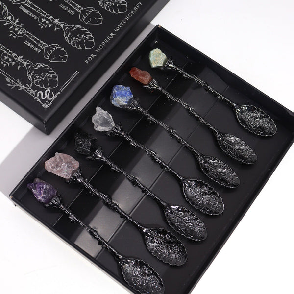 Set of 7 Dark Silver Gemstone Crystal Witch Spoons | Auro & Co