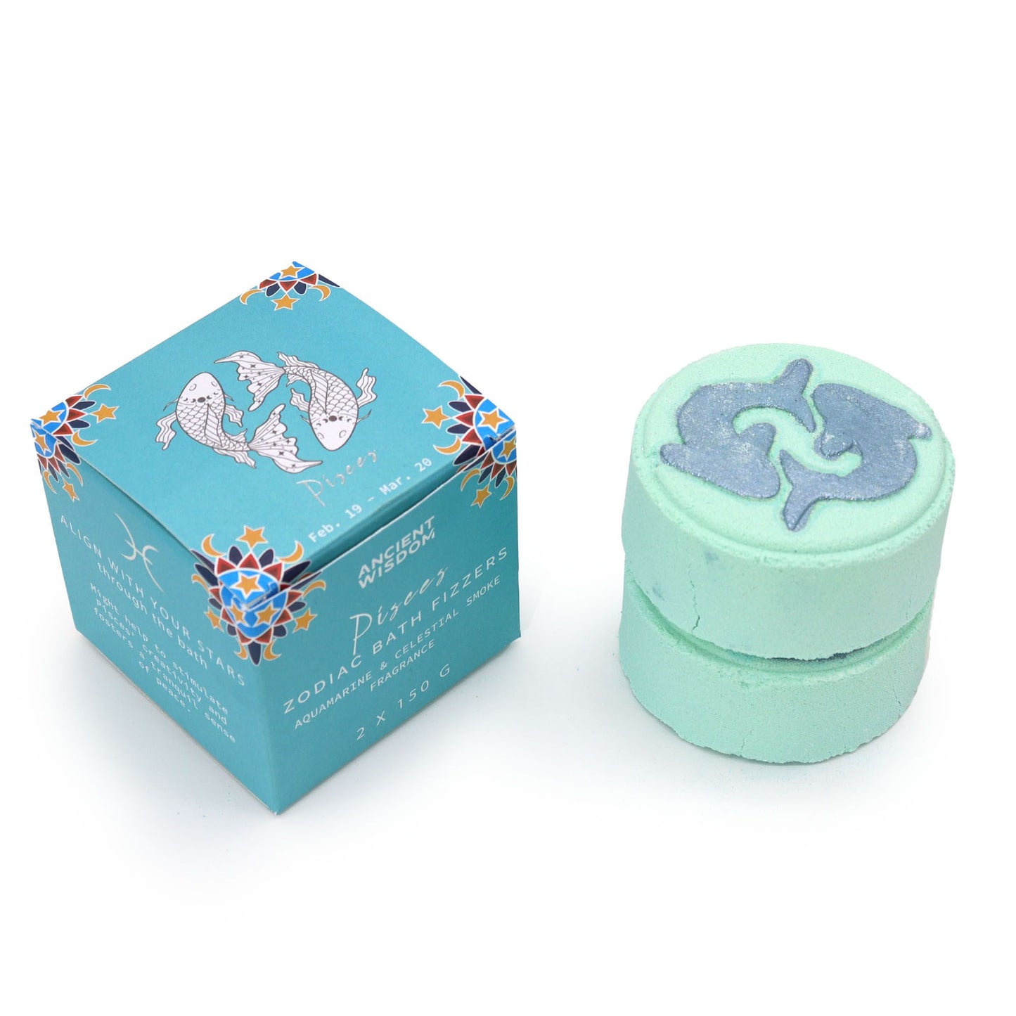 Mint green container with fish design and decorative box on a white background