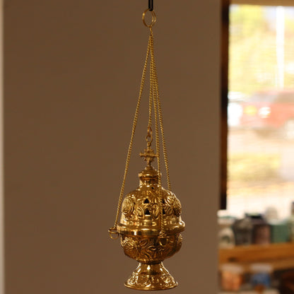 Cross Finial Hanging Brass Incense Burner, Threaded Chain, 16.5cm