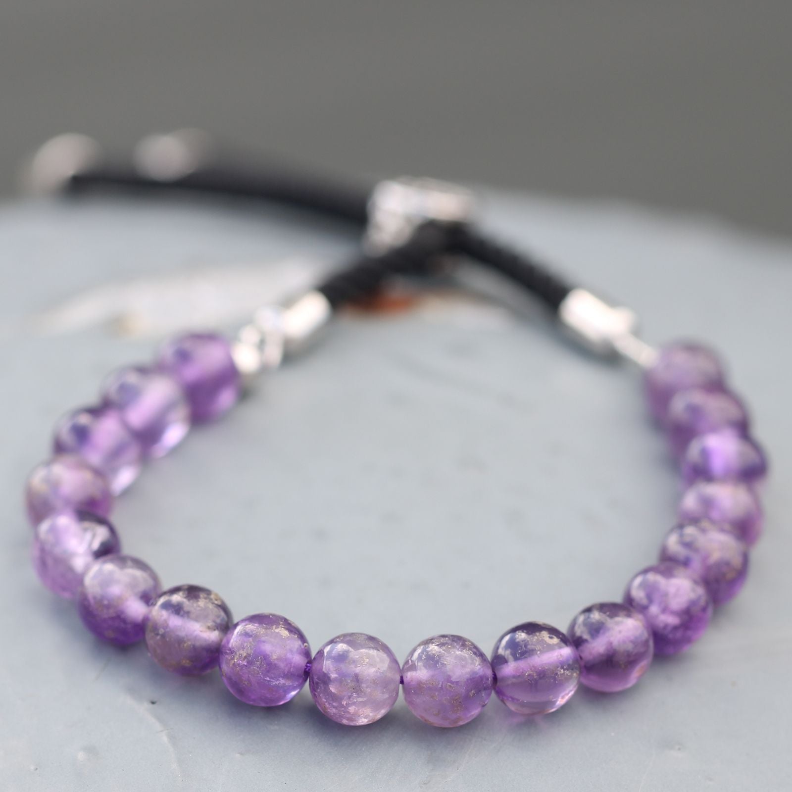 925 Silver Plated Gemstone Black String Bracelet - Amethyst – lifestyle shot