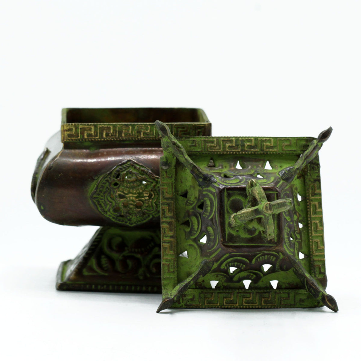 Four Symbols Verdigris Brass Tibetan Burner - Standing Pot