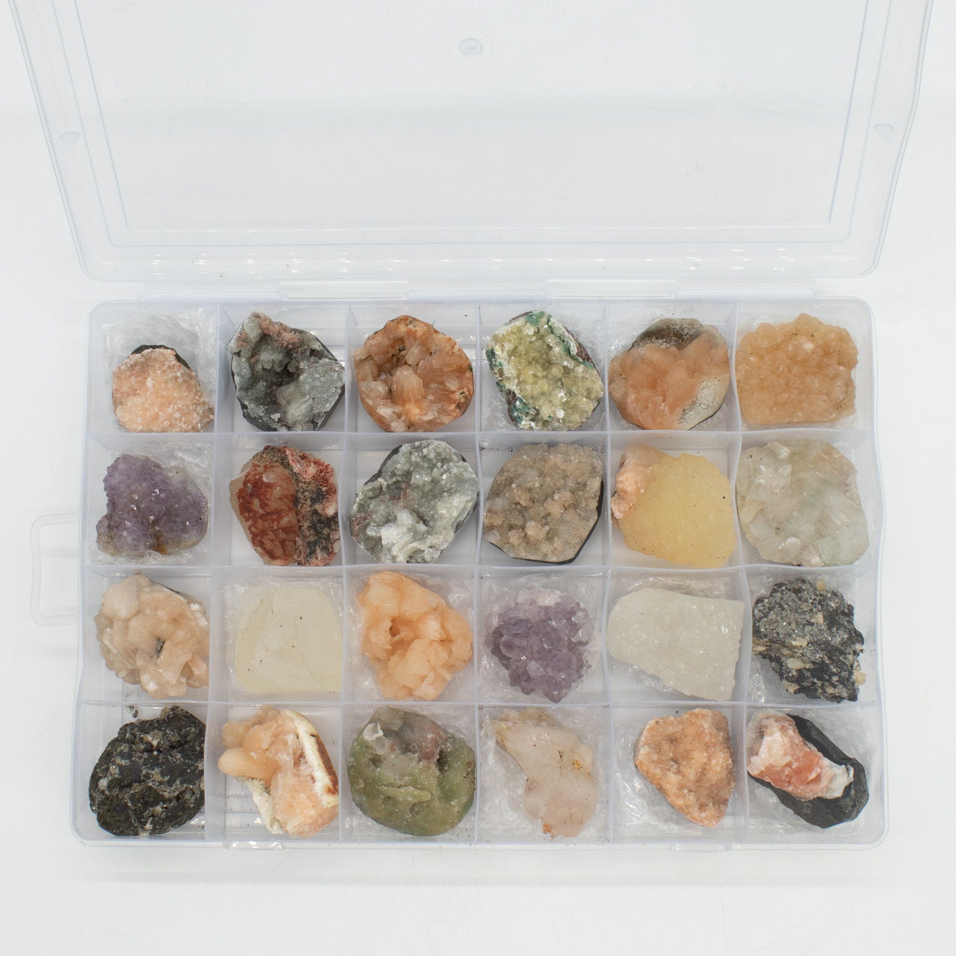 Mineral Specimens - Mixed Indian Zeolites in a Display (White Apophyllite, Stilbite,Finger Quartz, Amethyst, Green Stilbite, Heulandite) | Auro & Co