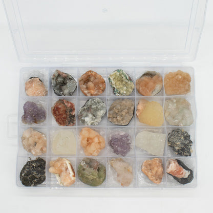 Mineral Specimens - Mixed Indian Zeolites in a Display (White Apophyllite, Stilbite,Finger Quartz, Amethyst, Green Stilbite, Heulandite) | Auro & Co