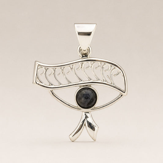Indian Devotional Pendant - Silver Plated (45cm Cord)- Cleopatra Eye - Iolite – detail view