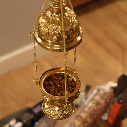 Cross Finial Hanging Brass Incense Burner, Threaded Chain, 16.5cm