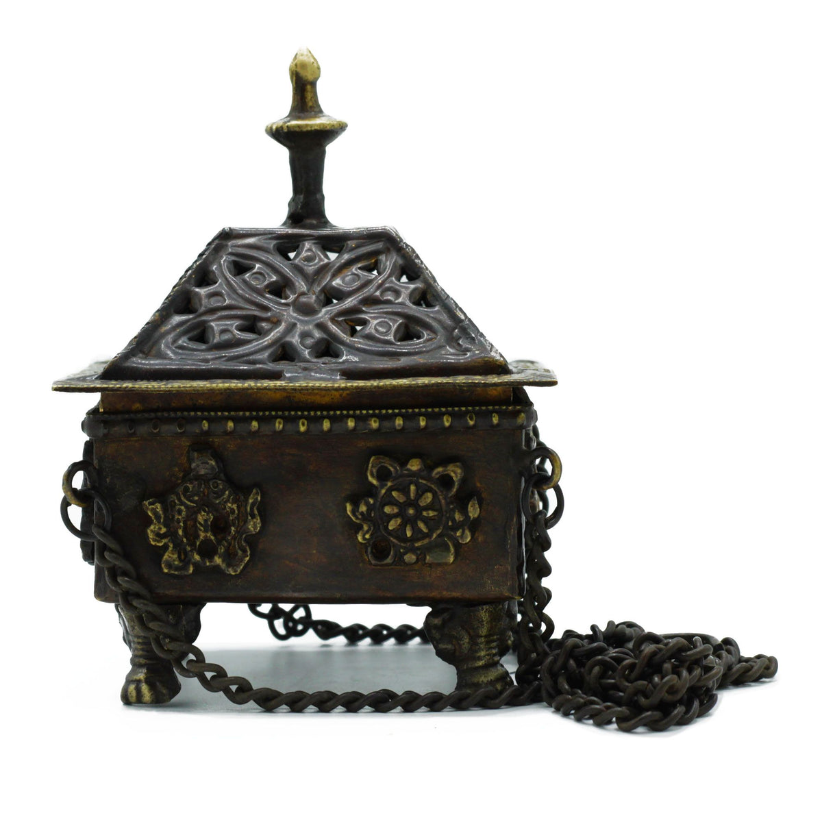 Eight Symbols Brass Tibetan Burner - Square Hanging Pot