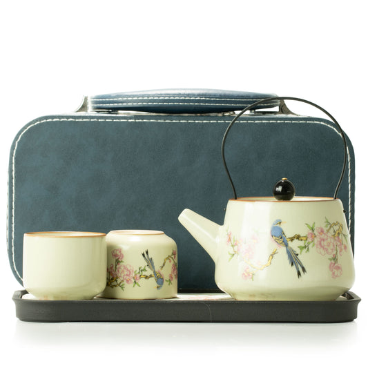 Blue Bird Qing Dynasty Travel Teapot Set, Two Cups