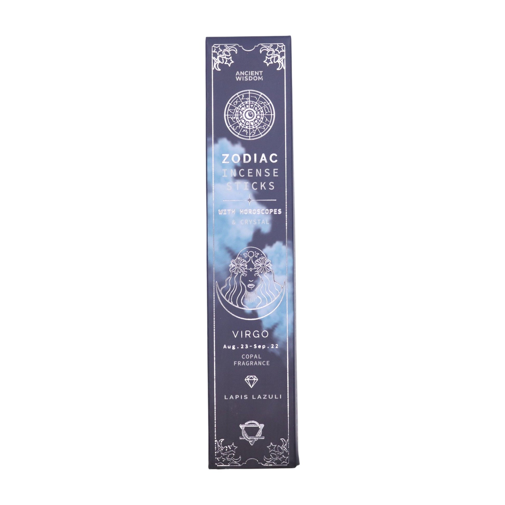 Zodiac incense sticks packaging for Virgo with celestial design on a white background