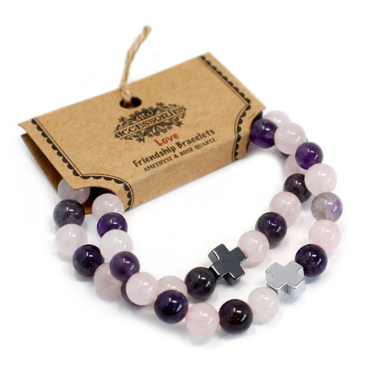 Set of 2 Gemstones Friendship Bracelets - Love - Amethyst & Rose Quartz | Auro & Co